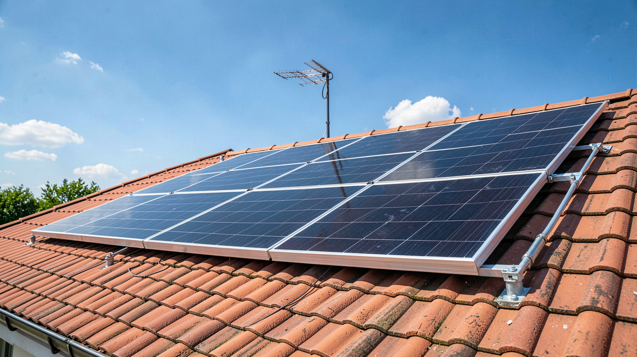 photo panneau solaire noir installé sur le toit d'une maison avec ciel bleu
