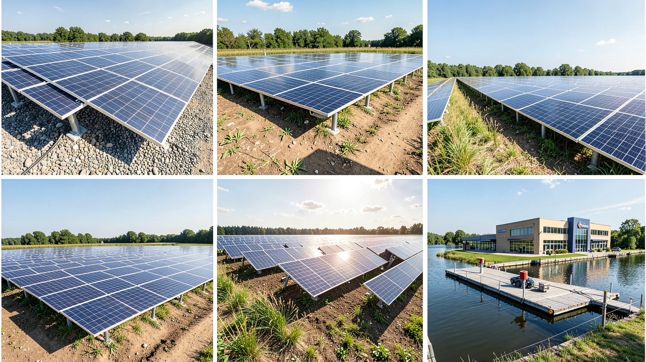 photo voltaique illustrant les différents types d'installations photovoltaïques, incluant toits, systèmes au sol, fermes solaires et installations flottantes