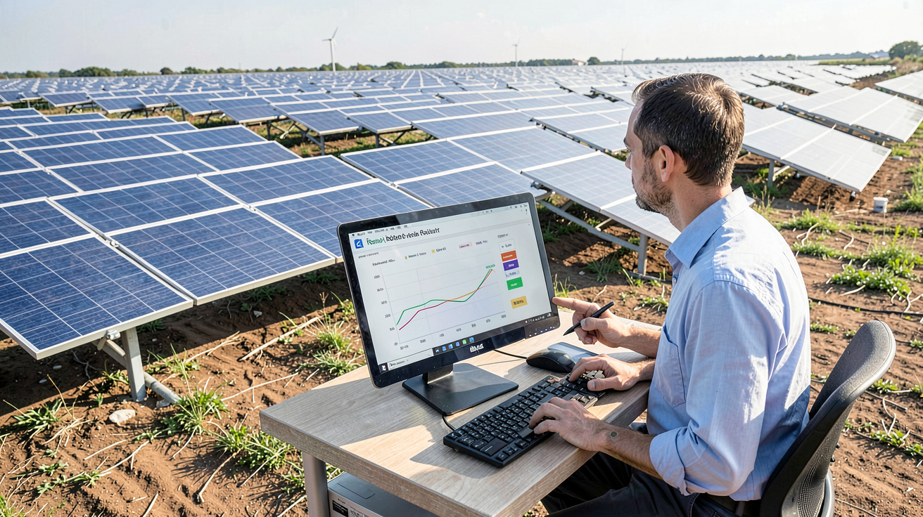 photo voltaique illustrant l'évaluation de la rentabilité d'un projet photovoltaïque, montrant des panneaux solaires, un professionnel analysant des données sur une tablette, sous un ciel lumineux