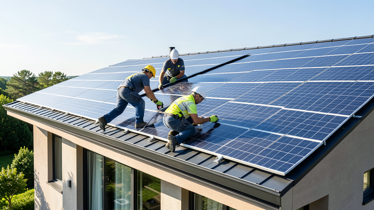 photo voltaïque en cours d'installation sur le toit d'une maison moderne par des professionnels