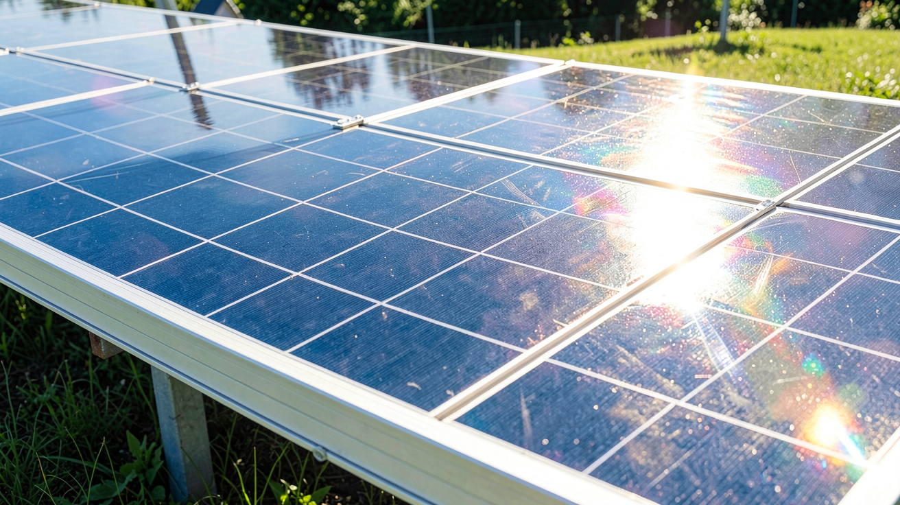 photo voltaique montrant un panneau solaire photovoltaïque exposé au soleil avec ses cellules brillantes et le phénomène de conversion d'énergie visible