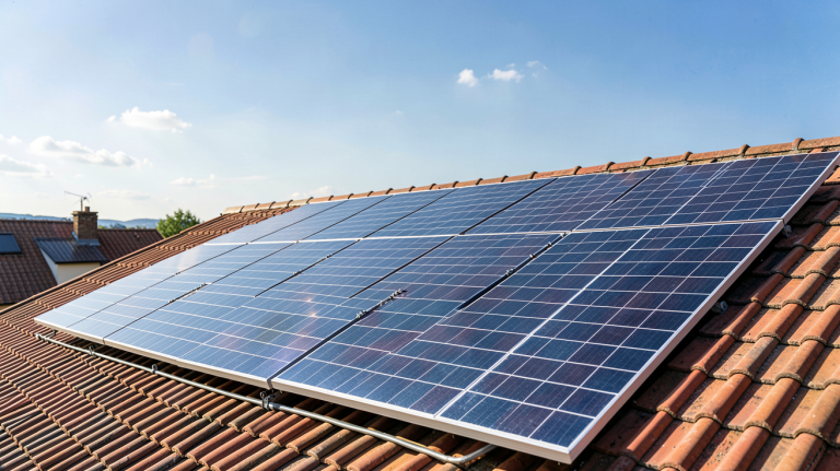 photo voltaique montrant des panneaux solaires photovoltaïques brillants sur un toit ensoleillé