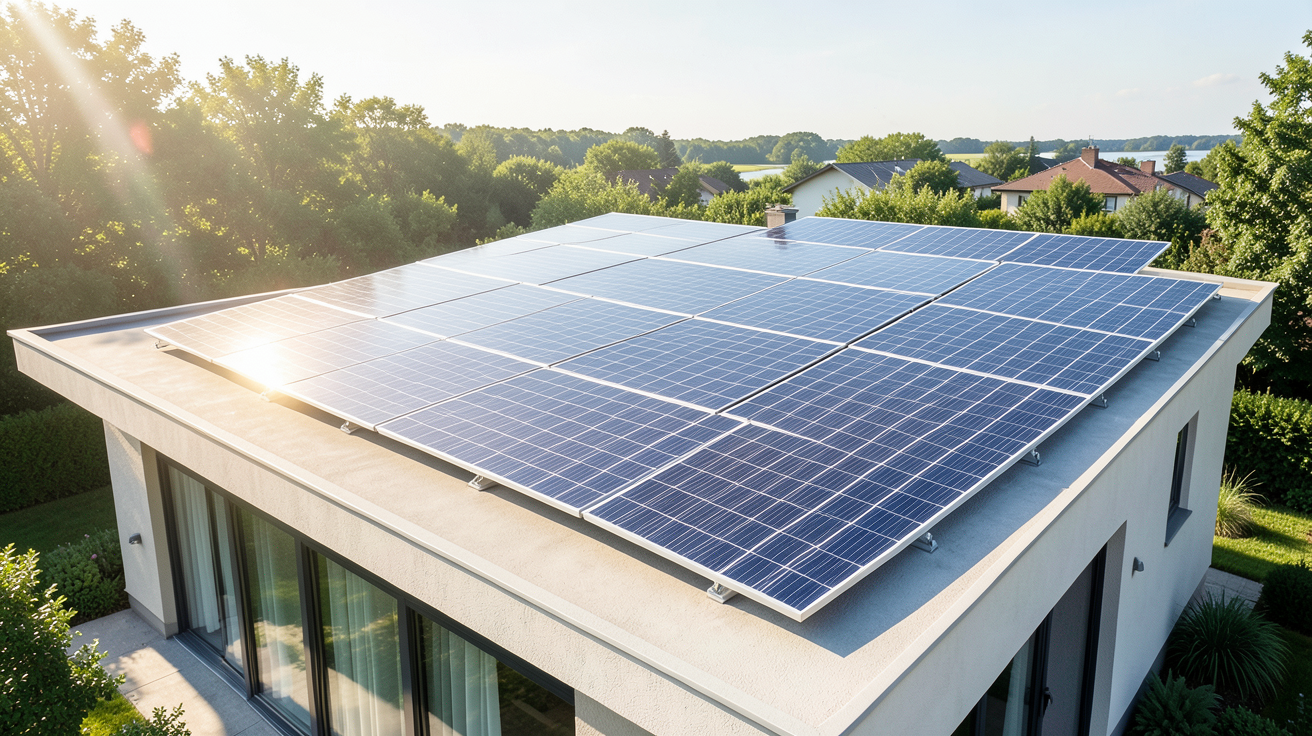 photo voltaïque de panneaux solaires installés sur le toit d'une maison moderne sous un ciel clair