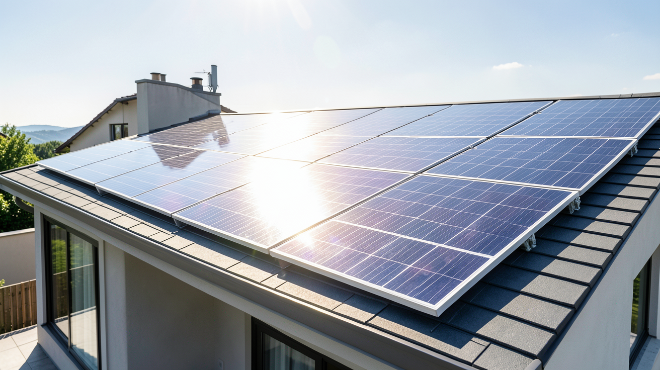 photo voltaïque de panneaux solaires installés sur une toiture résidentielle moderne