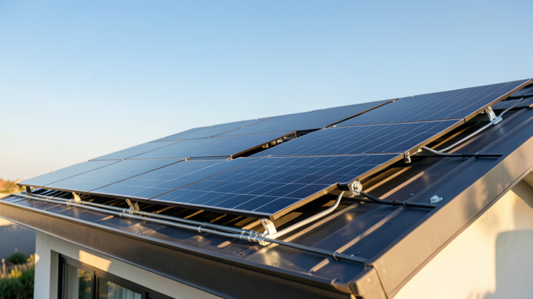 photo voltaïque installée sur le toit d'une maison contemporaine avec des panneaux solaires noirs brillants