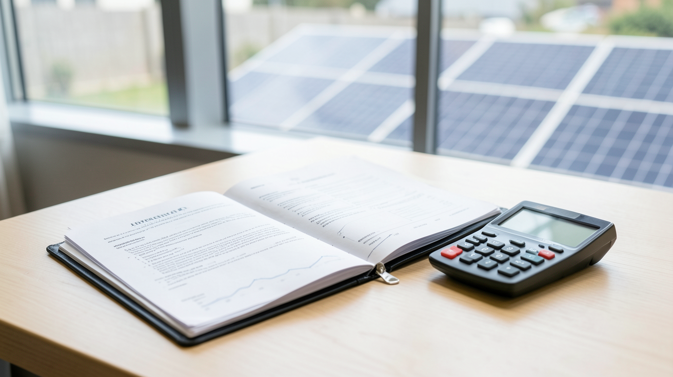 photovoltaïque 2022 : dossier financier ouvert avec documents officiels et calculatrices, panneaux solaires en arrière-plan
