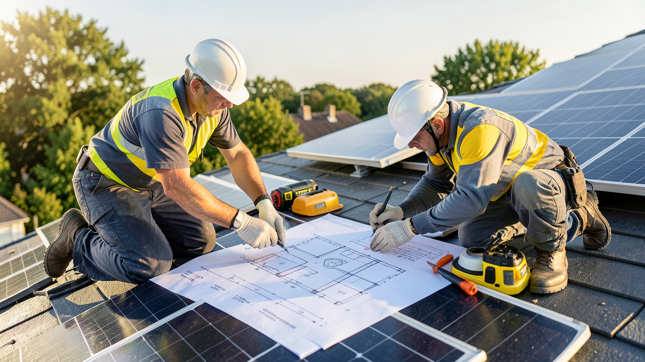 photovoltaïque 2022 : étapes d'installation montrant une étude de faisabilité réalisée sur le toit d'une maison