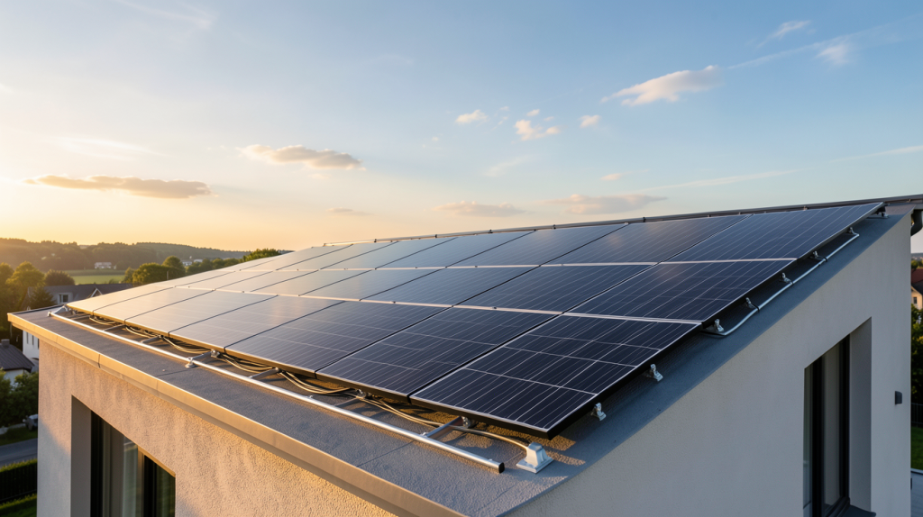 photovoltaïque 2022 installation sur le toit d'une maison contemporaine avec panneaux solaires noirs