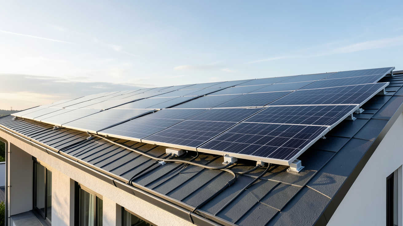 photovoltaique 3 kWc installé sur le toit d'une maison moderne avec des panneaux solaires noirs alignés