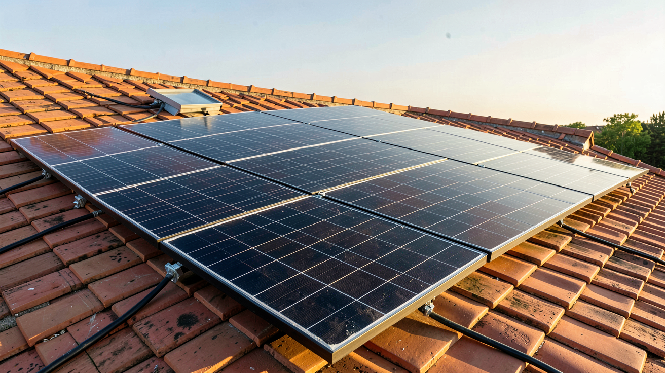 photovoltaique 6 kWc : installation composée de 12 panneaux solaires noirs monocristallins sur un toit en tuiles rouges avec mesure de surface et puissance réelle