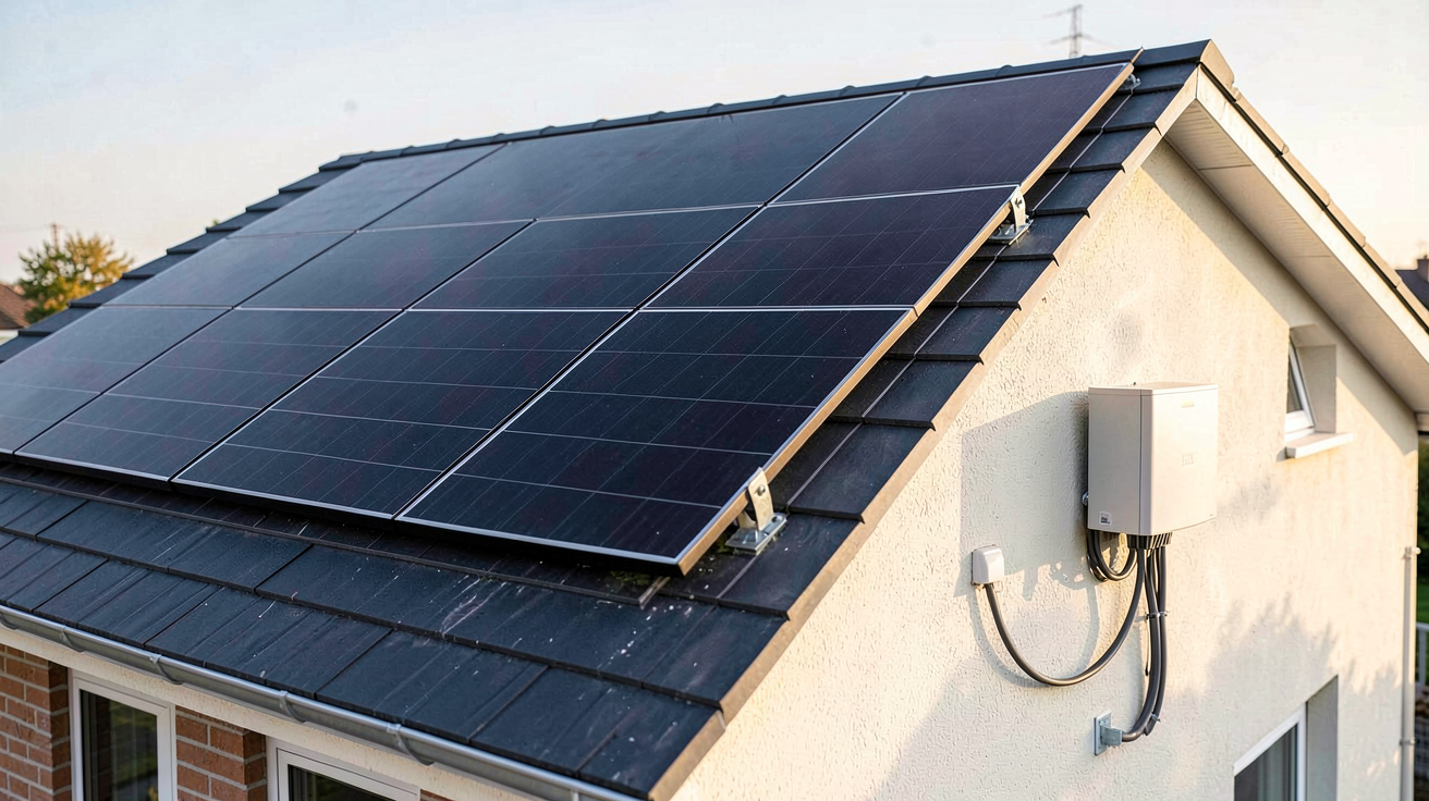 photovoltaique 6 kWc kit complet installé sur le toit d'une maison avec panneaux solaires, onduleur et câbles
