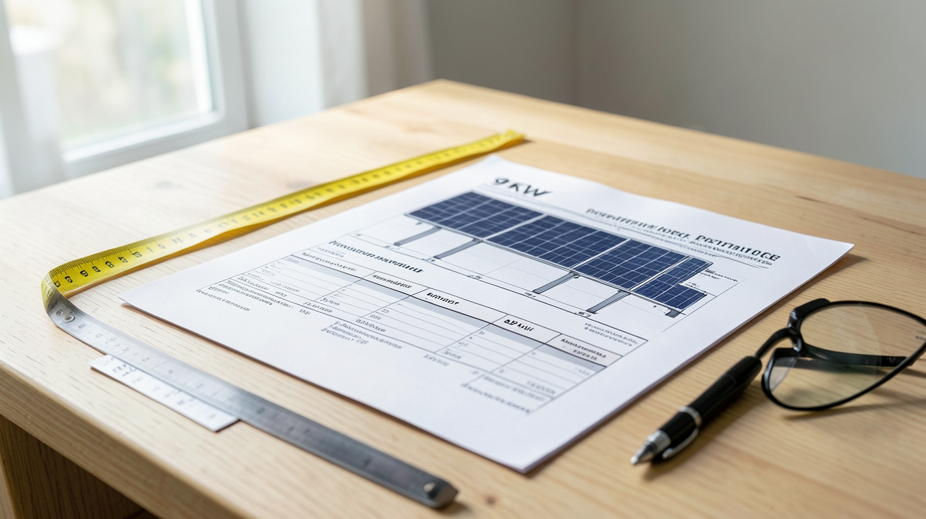 photovoltaique 9 kW coût d'une installation photovoltaïque de 9 kW en 2025 présenté sous forme de devis détaillé sur une table en bois