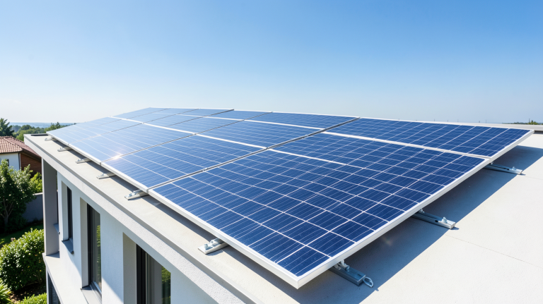 photovoltaique 9kw installé sur le toit d'une résidence moderne sous un soleil radieux