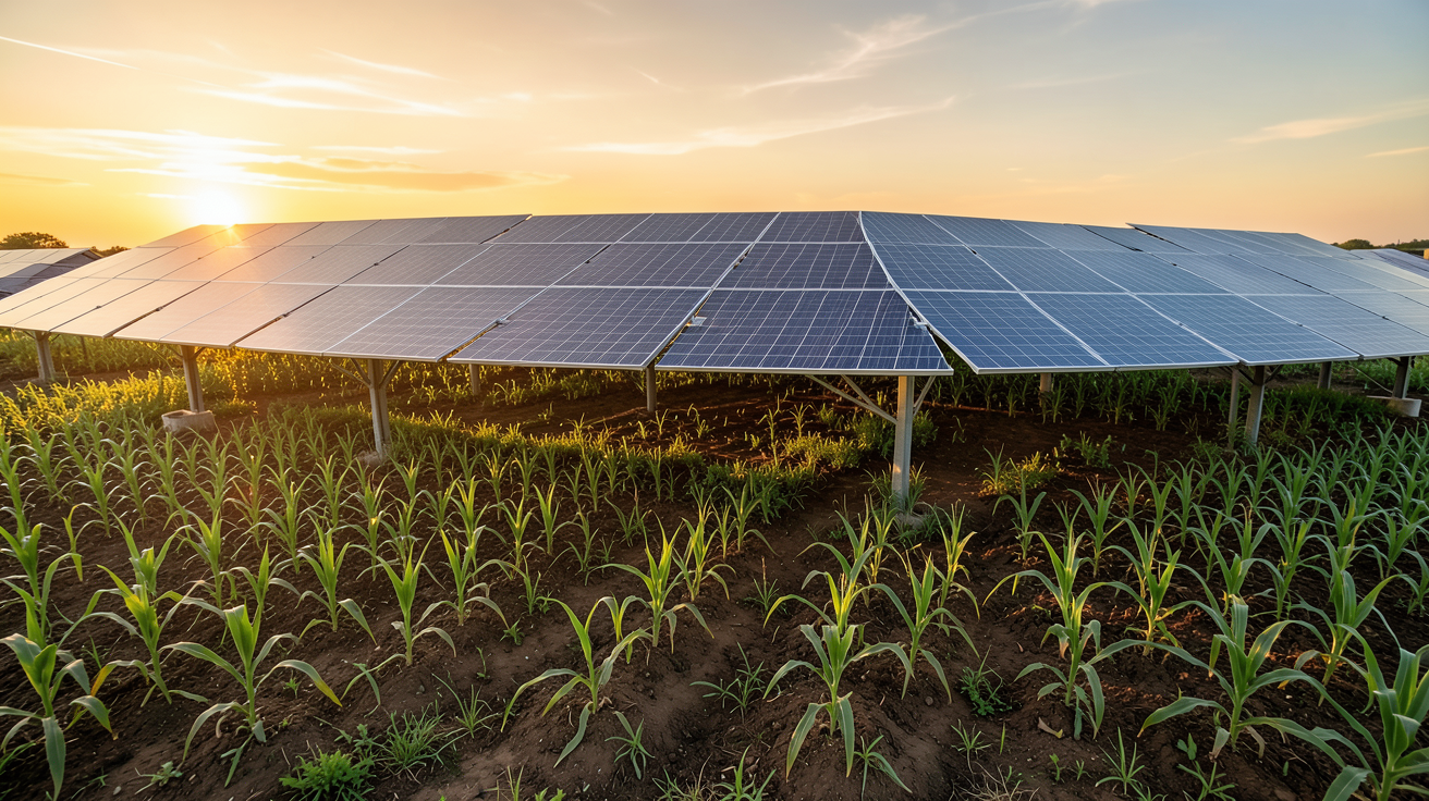 photovoltaïque agricole dans un champ avec système agrivoltaïque surélevé au-dessus de cultures