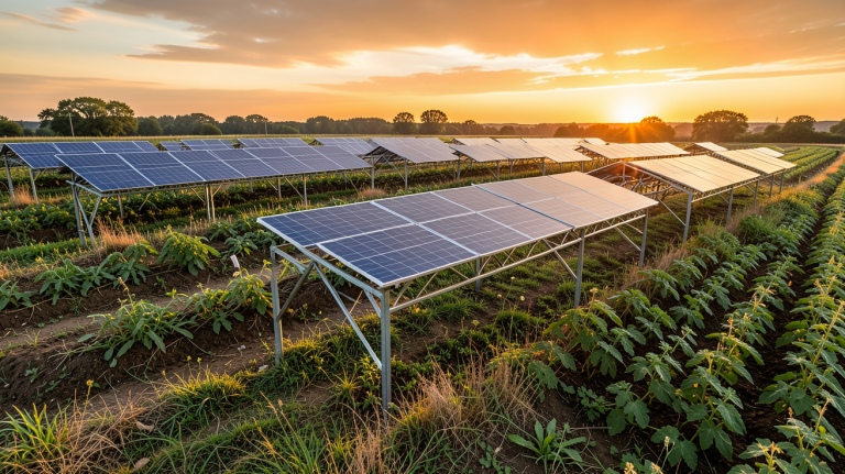 photovoltaïque agricole installé dans un champ avec des panneaux solaires reflétant la lumière du soleil