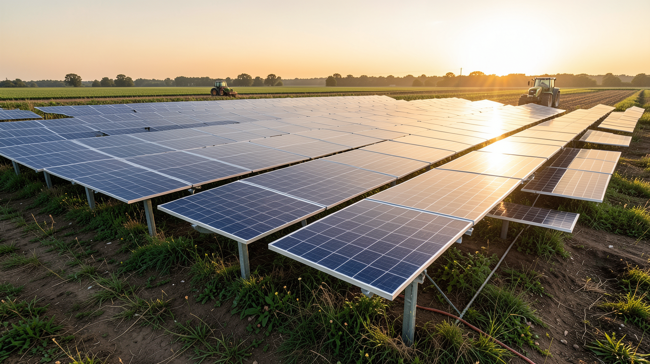 photovoltaïque au sol agricole dans un champ avec des panneaux solaires et un tracteur en arrière-plan
