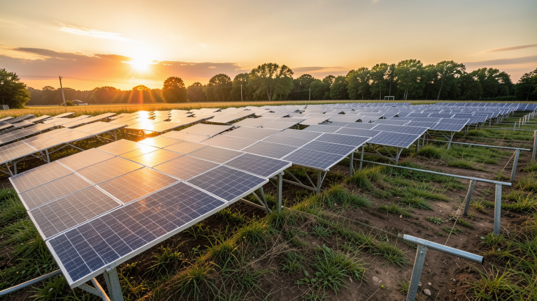 photovoltaïque au sol agricole installé dans un champ de blé avec des panneaux solaires alignés