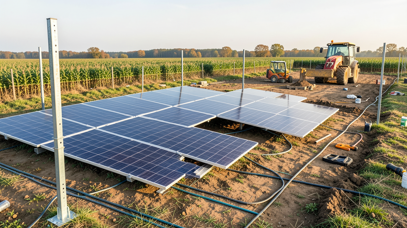 photovoltaïque au sol agricole montrant les étapes de mise en œuvre avec panneaux solaires partiellement installés et matériel de chantier
