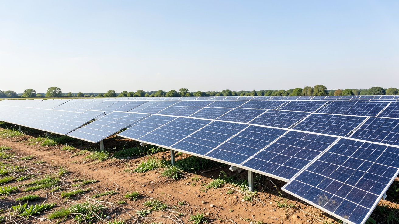 photovoltaique au sol installé dans un champ avec panneaux orientés vers le sud