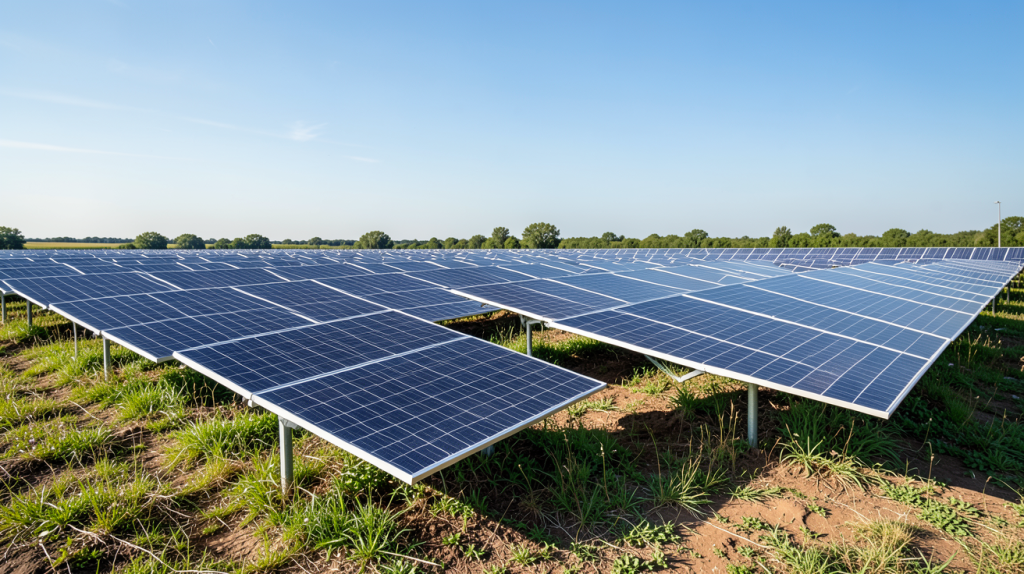photovoltaique au sol installé dans un champ herbeux sous un ciel dégagé