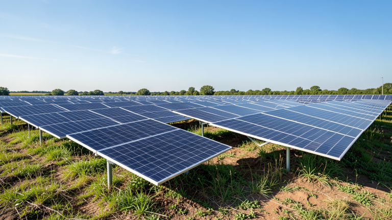 photovoltaique au sol installé dans un champ herbeux sous un ciel dégagé