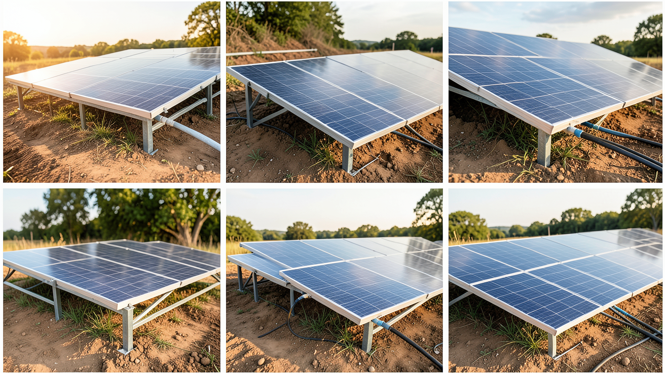 photovoltaique au sol montrant les étapes d'installation de panneaux solaires au sol