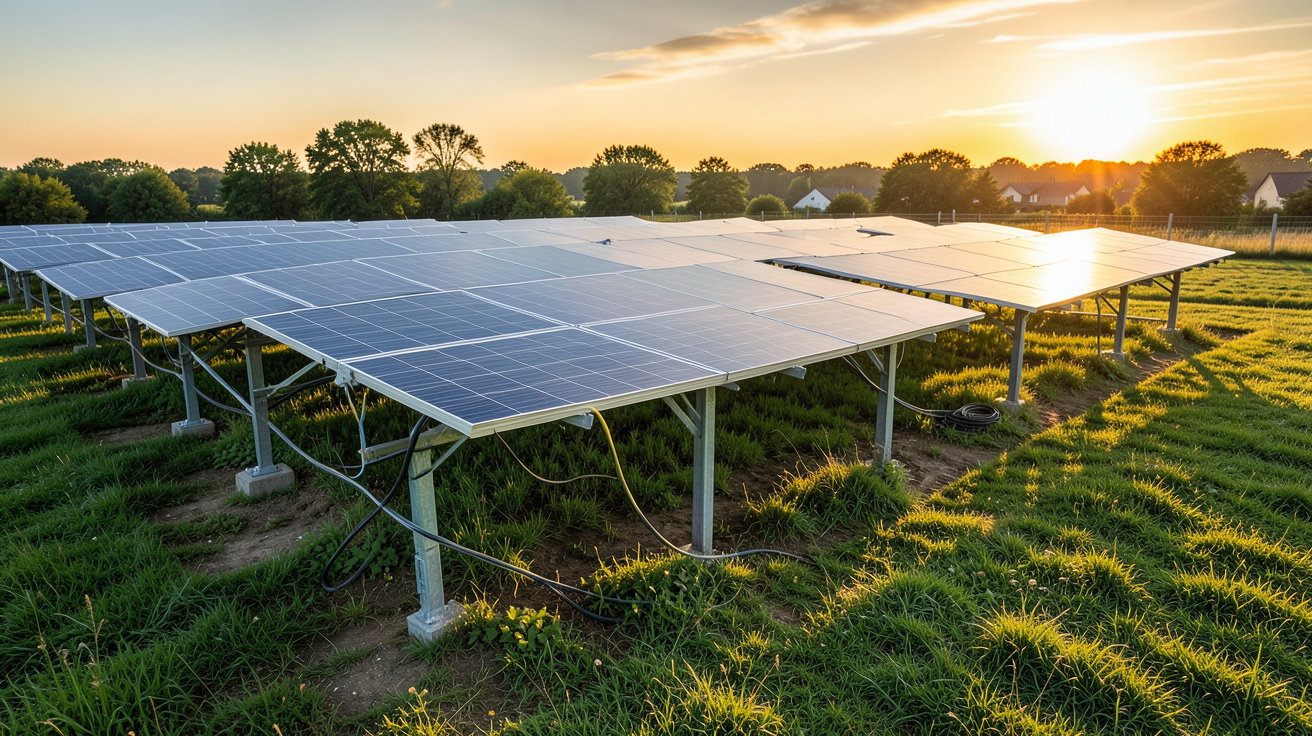 photovoltaïque au sol particulier installé dans un champ privé avec 5 rangées de panneaux solaires