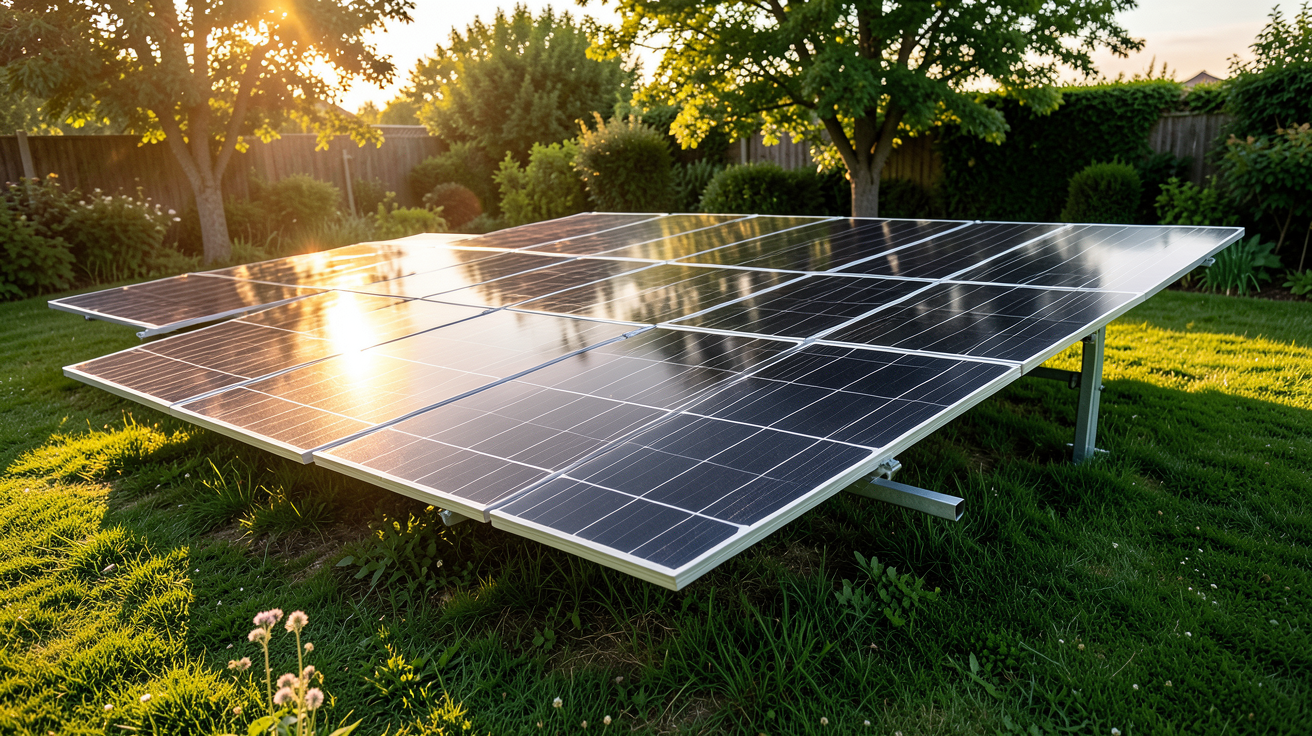 photovoltaïque au sol particulier installation guide débutants panneaux solaires alignés dans un jardin