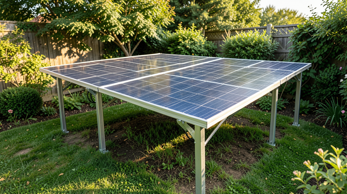 photovoltaïque au sol particulier avec supports en aluminium pour panneaux solaires installés dans un jardin