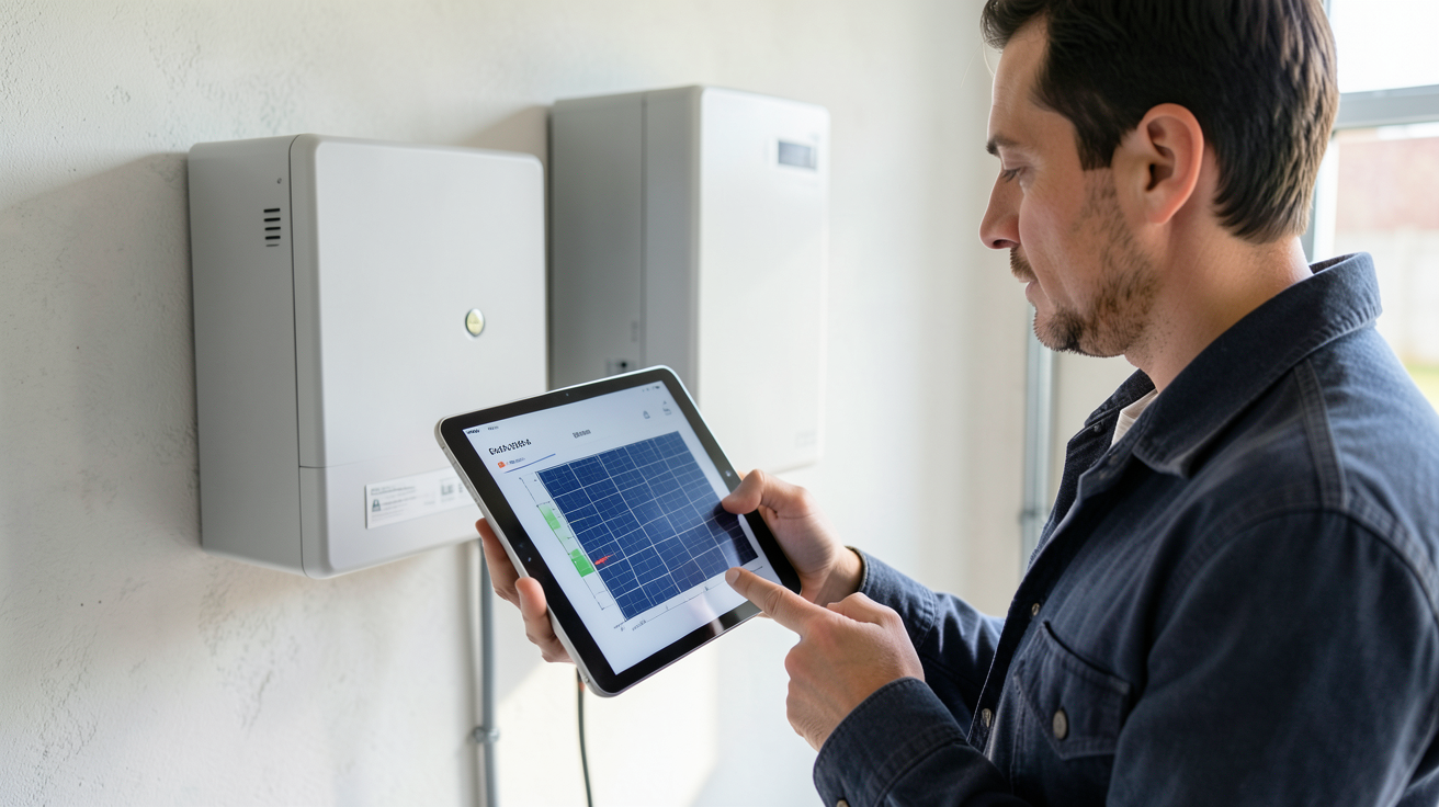 photovoltaique autoconsommation avec batterie et technicien planifiant le dimensionnement du stockage d'énergie