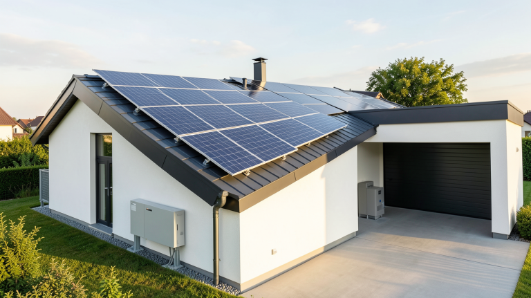 photovoltaïque en autoconsommation avec batterie de stockage installée sur une maison moderne
