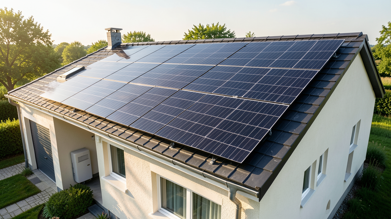 photovoltaique autoconsommation avec batterie de stockage installée sur le toit d'une maison