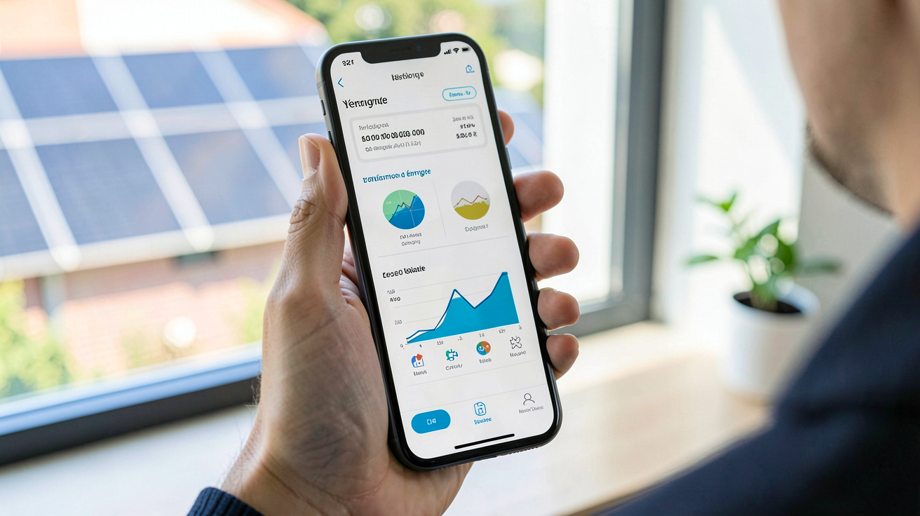 photovoltaique autoconsommation illustré par une application de suivi des économies d'énergie sur smartphone.