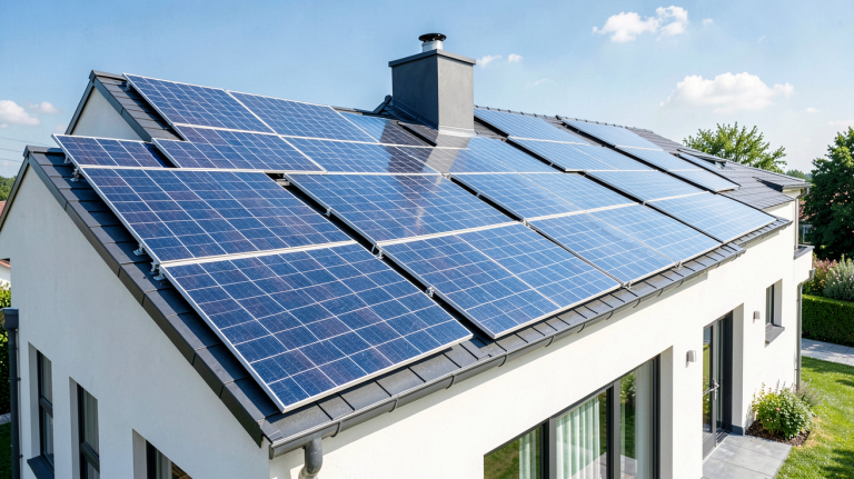 photovoltaique autoconsommation avec des panneaux solaires installés sur le toit d'une maison moderne
