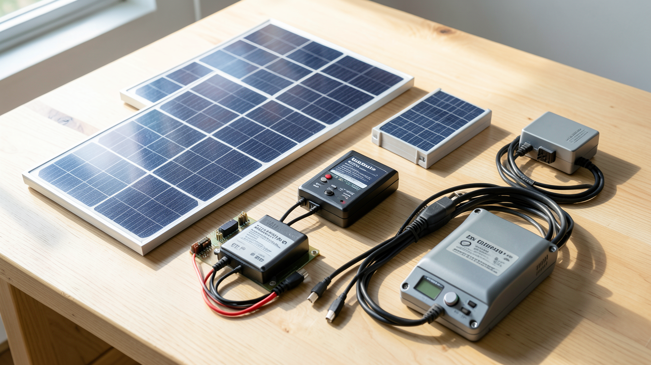 photovoltaïque autonome kit composants étalés sur une table en bois