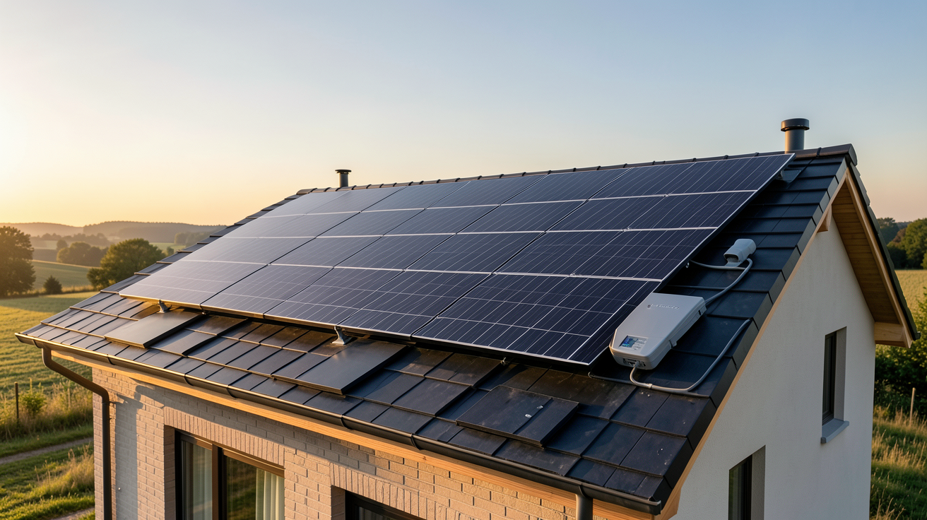 photovoltaïque autonome : kit photovoltaïque installé sur le toit d'une maison isolée en campagne