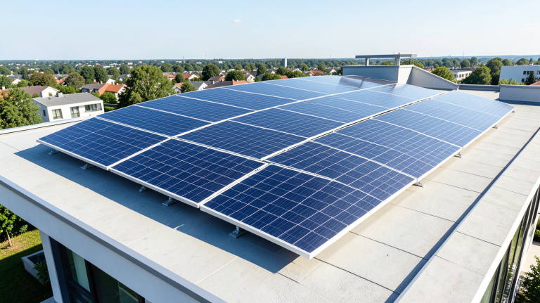 photovoltaique autonome prix système solaire autonome installé sur le toit d’une maison moderne, capture professionnelle en haute résolution.