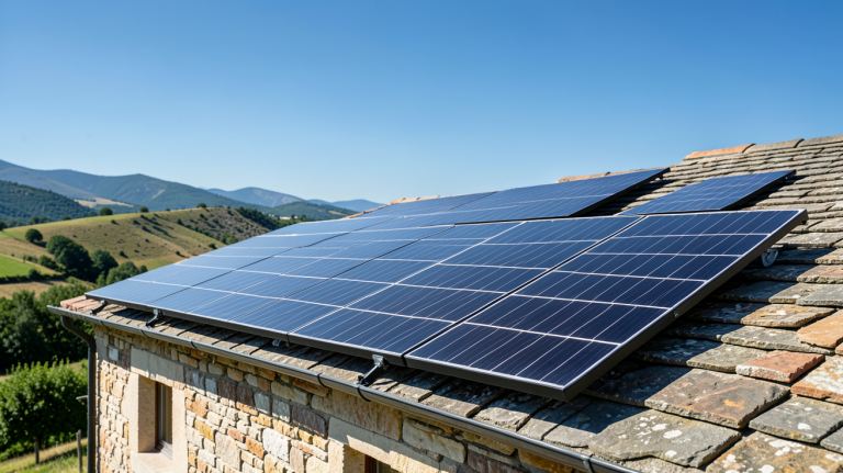 photovoltaïque autonome installé sur le toit d'une maison rurale en pierre