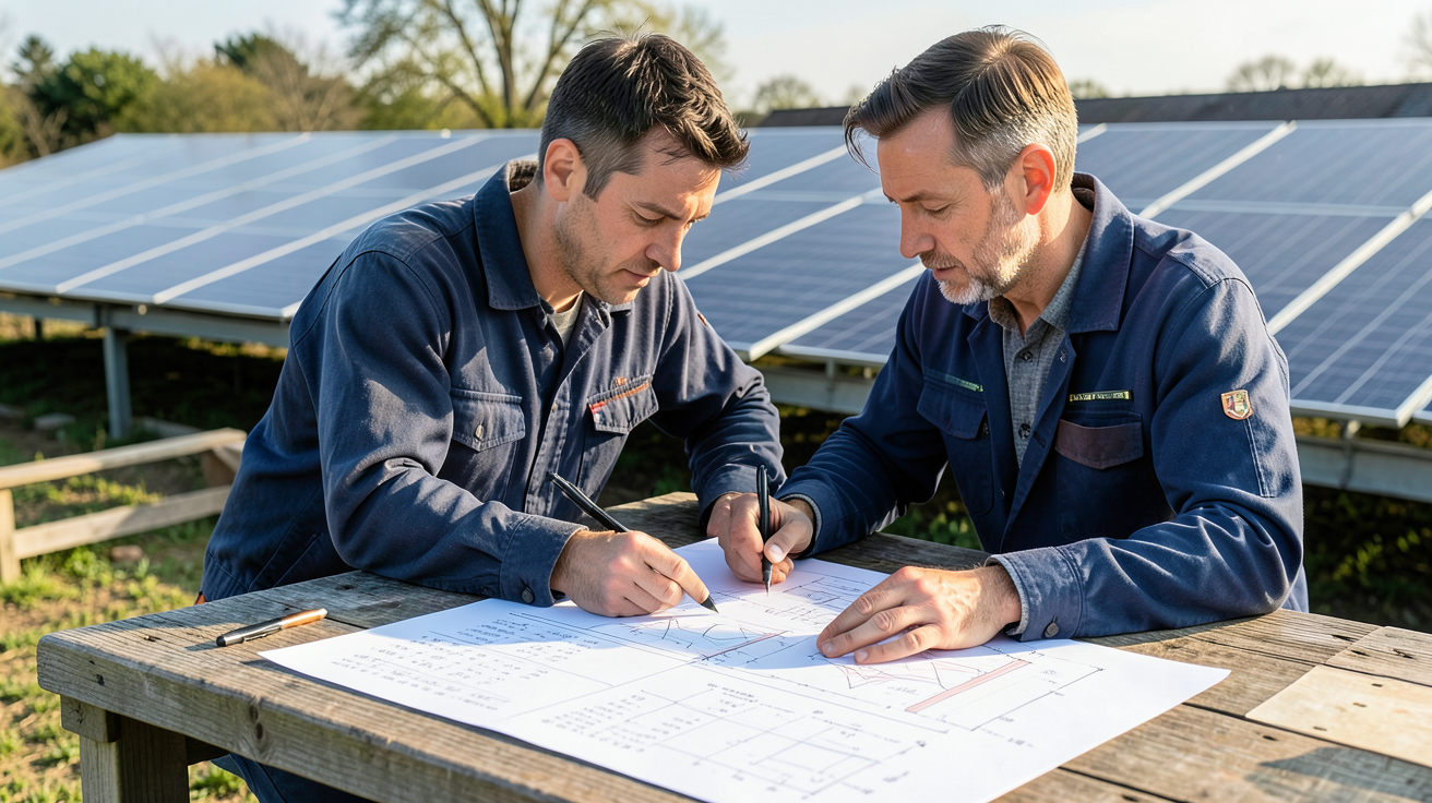 photovoltaïque autonomie totale : technicien analysant le dimensionnement de panneaux solaires sur un plan technique