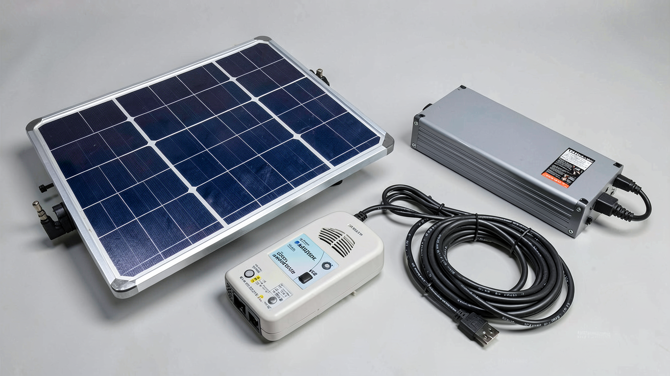 photovoltaïque avec batterie : vue des composantes clés d'un kit photovoltaïque avec batterie, incluant panneaux solaires, onduleur hybride et batterie de stockage