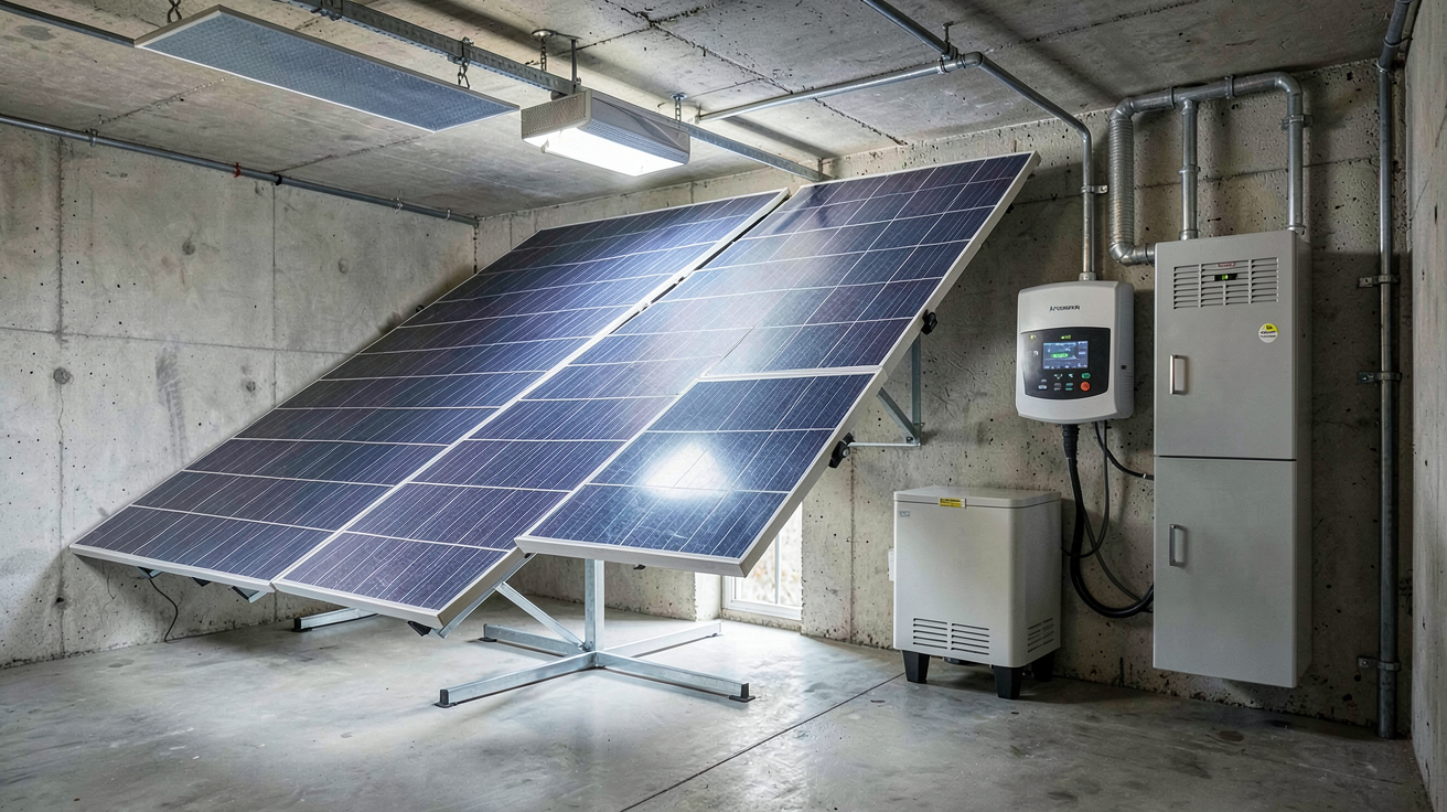 photovoltaïque avec batterie de stockage dimensionnée pour une consommation domestique, vue d'un système complet installé dans un espace technique