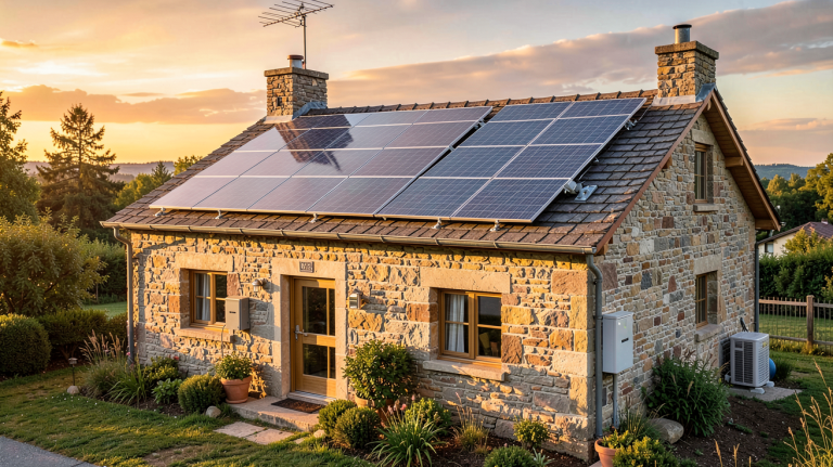 photovoltaïque avec batterie installé sur le toit d'une maison rurale en pierre
