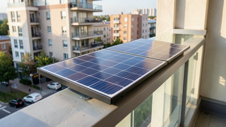 photovoltaique balcon installé sur la rambarde d'un appartement moderne en ville