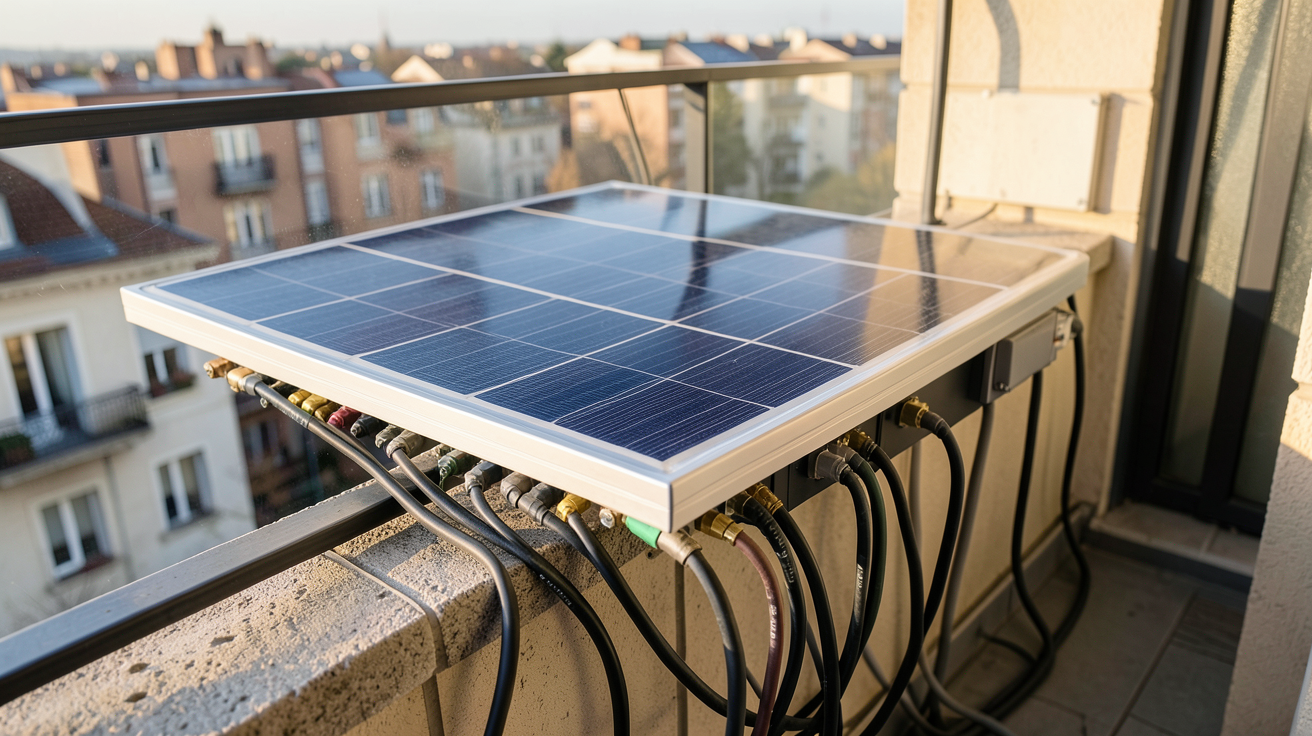 photovoltaique balcon installation pas à pas sécurisée avec panneau solaire et câbles électriques
