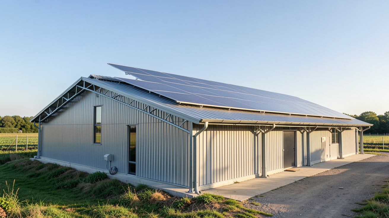 photovoltaïque sur un bâtiment agricole moderne avec 5 agriculteurs ayant réussi leur projet