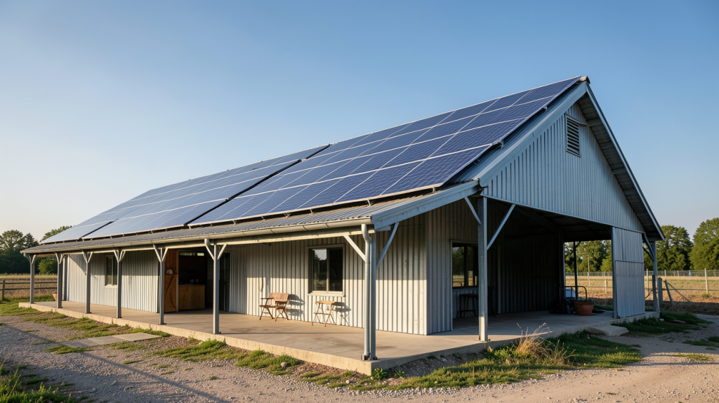photovoltaique batiment agricole avec panneaux solaires sur un hangar agricole moderne