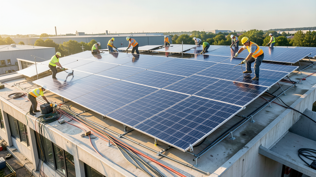 photovoltaique batiment industriel étapes projet réalisation avec installation de panneaux solaires sur toiture