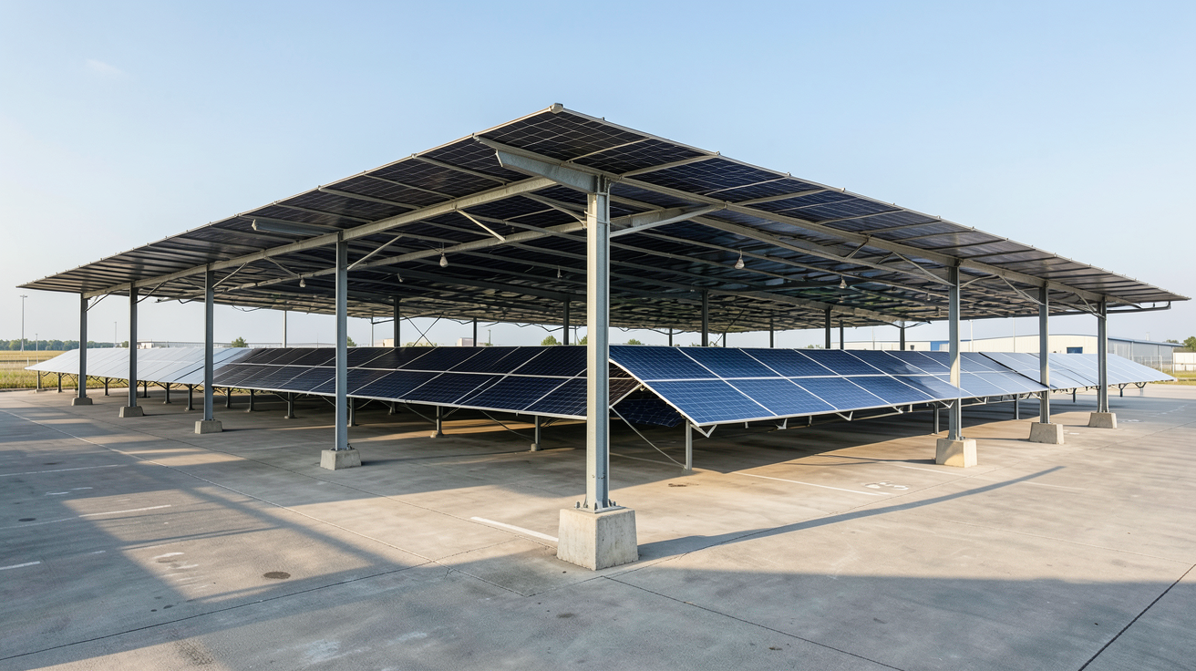 photovoltaïque sur ombrière de parking d'entrepôt industriel avec panneaux solaires alignés