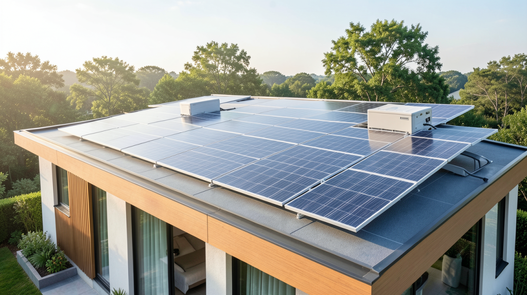photovoltaique batterie de stockage installée sur le toit d'une maison moderne