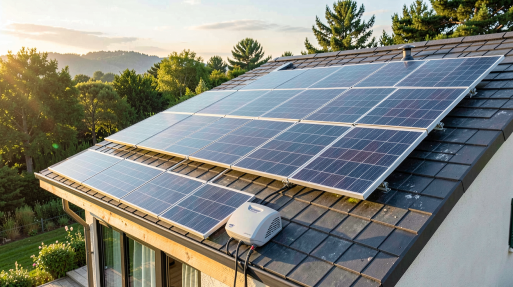 photovoltaique batterie virtuelle installée sur le toit d'une maison écologique avec lumière naturelle